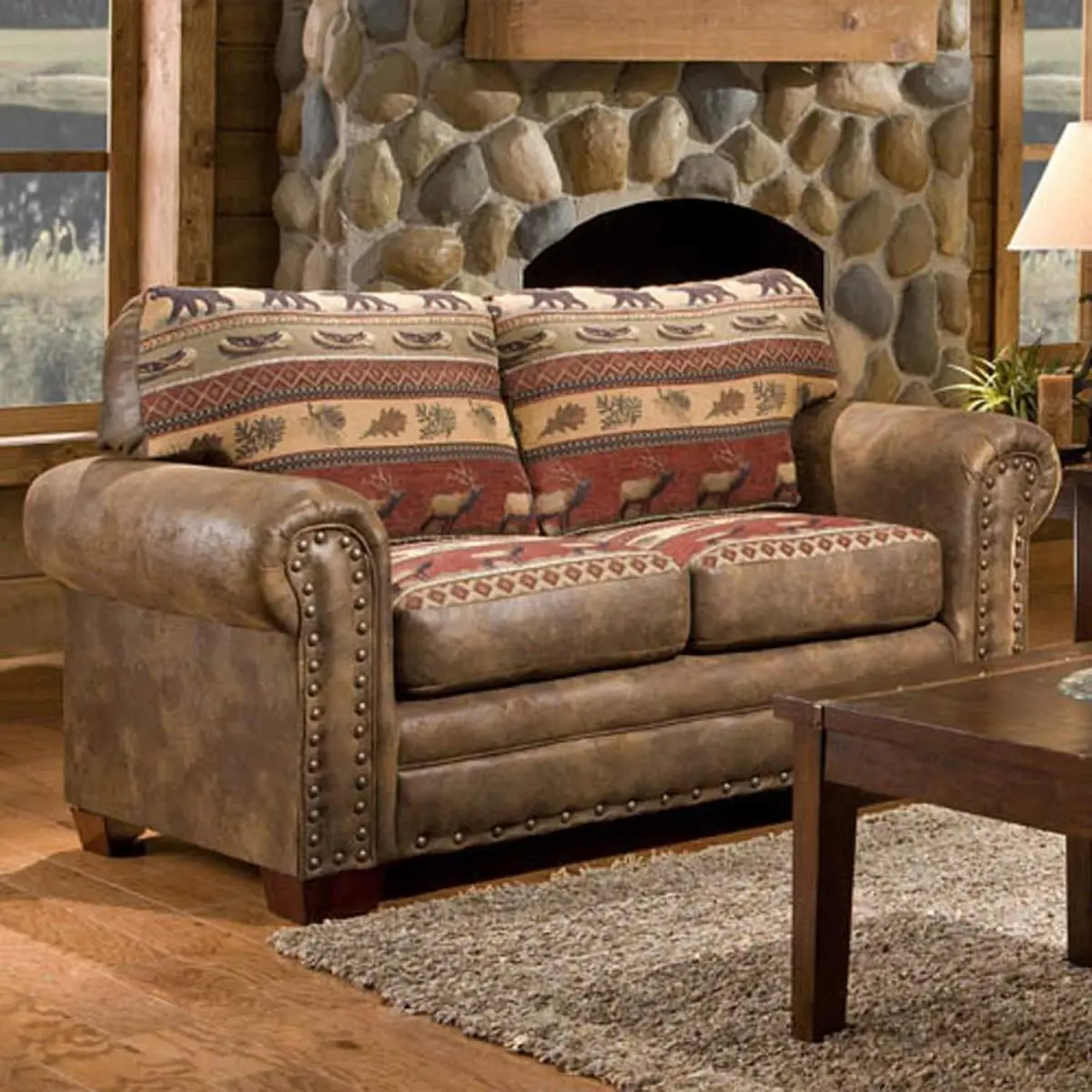 Rustic Traditional Buckskin Solid Wood Ottoman with Nailheads - Brown Faux Leather Foam-Padded Cushion, 36h x 67w x 37d in, 128 lbs Indoor Living Room Furniture Stool/Bench