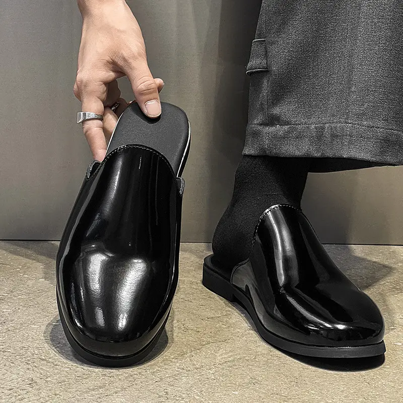 Mens Shoes Mules Half Slippers Backless Loafers Slip On Glossy Patent Leather Shiny Finish Smooth Plain Toe Almond Pointed Flat Sole Minimalist Elegant Gentleman Smart Casual Lazy Style Easy To Wear Versatile Premium Texture Trendy