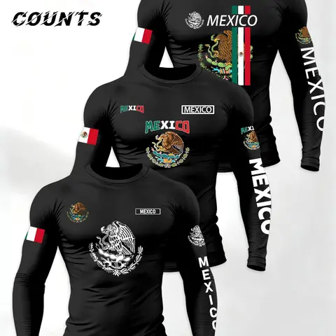 Men's Mexican Theme Flag Letter Print T-Shirt Set, Athleisure Long Sleeve Sportswear, Casual Athletic Apparel, All-Season Casual Outfit, Sporty Style Clothes for Daily Wear, Fitness, Outdoor Activities