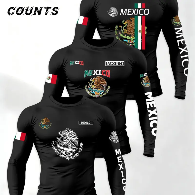Men's Mexican Theme Flag Letter Print T-Shirt Set, Athleisure Long Sleeve Sportswear, Casual Athletic Apparel, All-Season Casual Outfit, Sporty Style Clothes for Daily Wear, Fitness, Outdoor Activities