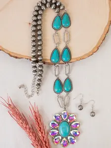 Squash Blossom Necklace - Turquoise & Silver and earrings