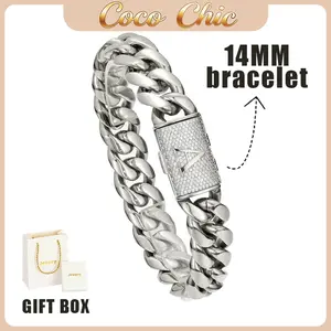 Men’s A–Z Initial Letter Bracelet Stainless Steel Jewelry Miami 14mm Silver Cuban Link Chain, Street Style Artificial Zircon Inlaid Hip-Hop Style, Waterproof & Fade-Resistant, Perfect for Daily Wear, Gift Box Included, Ideal Gift