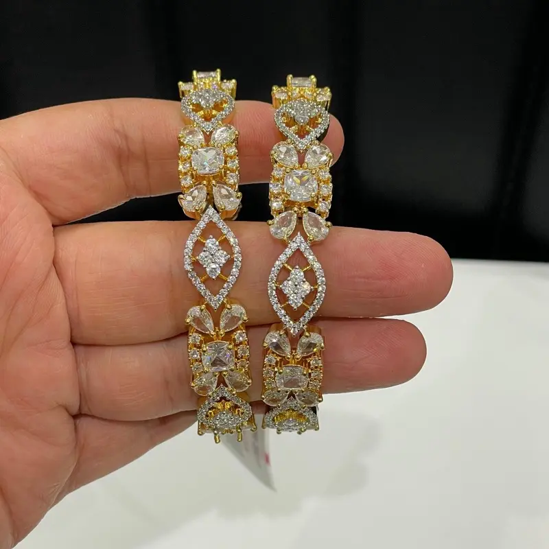 American Diamond Bangles Set Of 2 AD Bangle With Gorgeous AD Stones Golden Polish Bangles Set With Gemstones And Diamond Accents For Formal And Versatile Wear