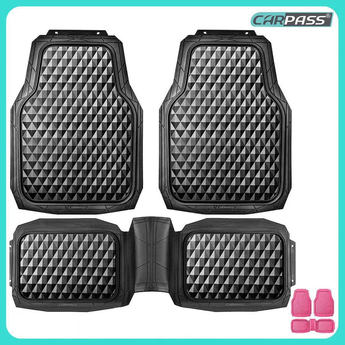 CAR PASS 3pcs Heavy Duty Rubber Car Mats, Deep Dish All-Weather Floor Mat for Car Full Set Durable Anti-Slip 3D Rhombus Waterproof Trim to fit Liner Universal Fit Automotive,Sedan,SUV,Truck Vehicle Carbon