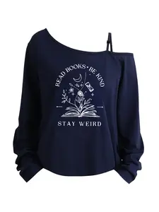 European and American Women's Clothing, Lazy Letter Asymmetrical Diagonal Shoulder Strap, Casual Sports Long Sleeves, Graphic Print T-Shirt Womenswear