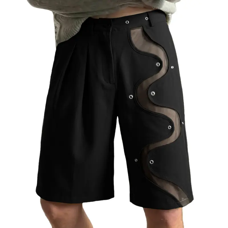 INCERUN Men's Cyberpunk Sheer Mesh Shorts with Metal Grommets, Lightweight Breathable Fitted Cutouts for Rave & Festival Wear, Breathable Fabric