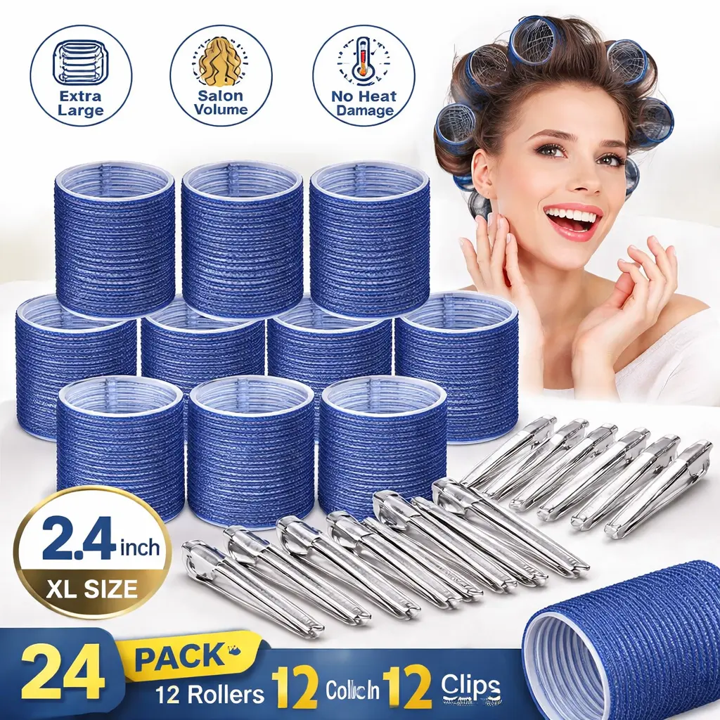 Heatless 24pcs Jumbo Hair Curlers Set - Large Rollers with Clips for Long/Thick Hair, Bouncy Curls & Volume Boost Curling Kit - Blue