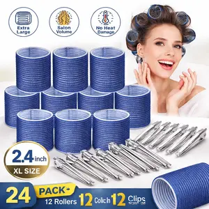 24 Pack Jumbo Hair Curlers Set – Large Rollers with Clips for Long, Thick Hair, Volume Hair Curling Kit – Blue