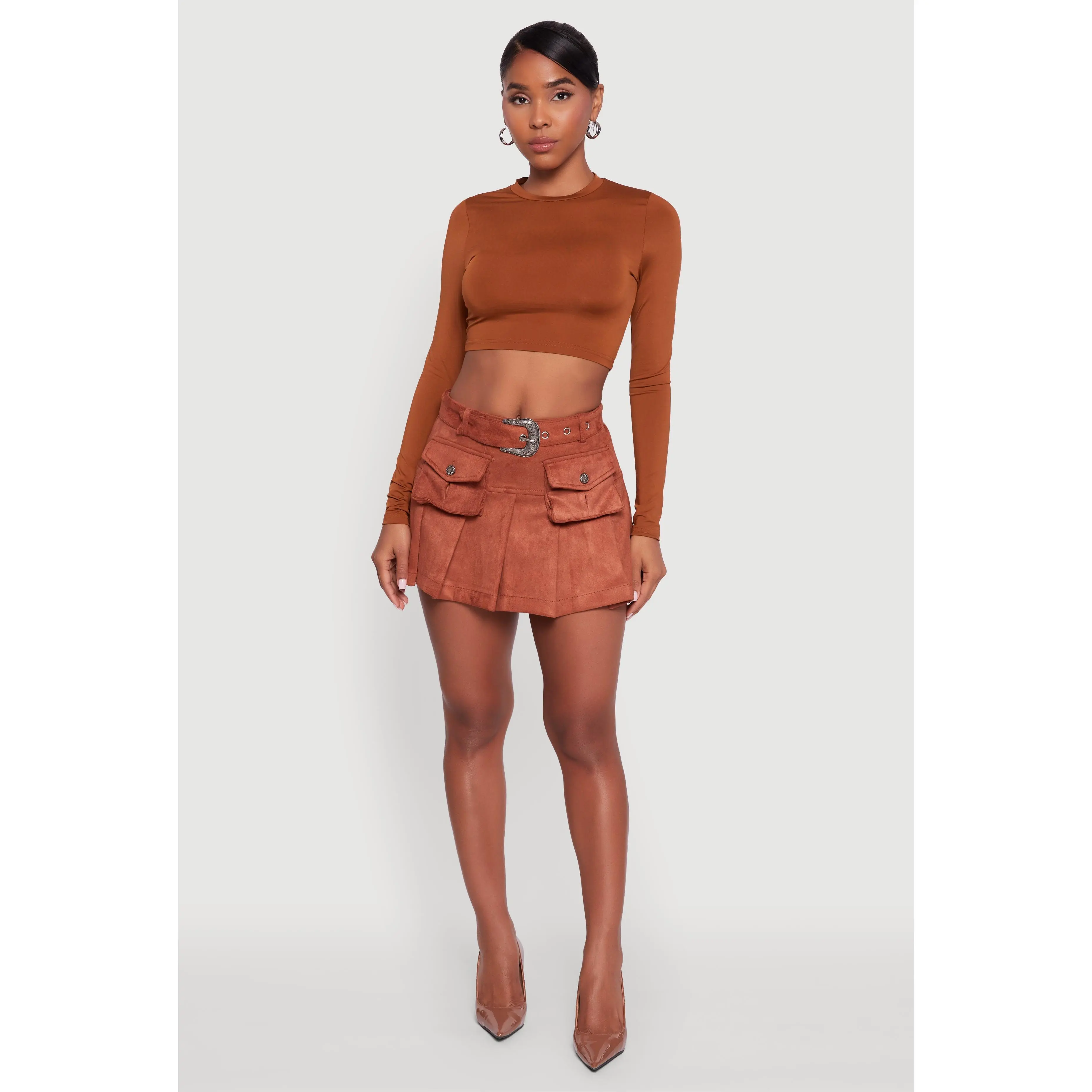 Faux Suede Pleated Cargo Skirt with Western Buckle Belt