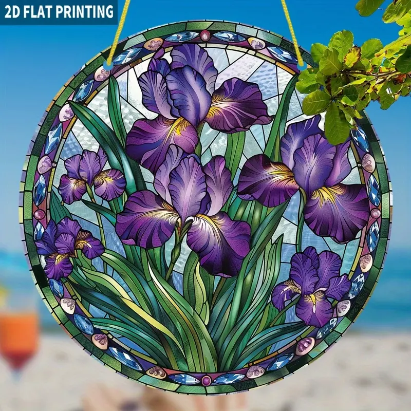 Purple Lily Acrylic Stained Glass Suncatcher - Hanging Iron Round Home Decor Plaque, Wardrobe/Study/Balcony Decor, New Year Gift with Ambiance Effects, Round Shape