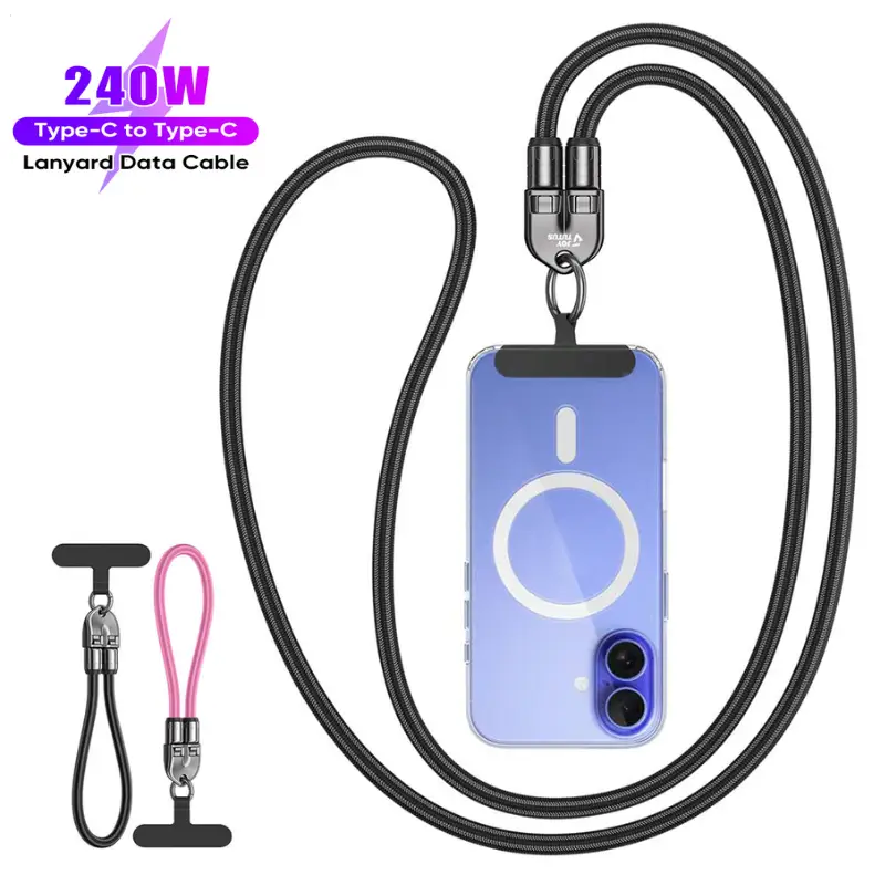 JOYTUTUS 240W USB-C Fast Charging Phone Lanyard | 7mm Nylon | Crossbody/Wrist Strap | iPhone 16/15/Samsung/Pixel
