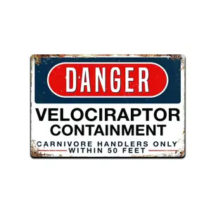 Jurassic Park Danger Velociraptor Containment Aluminium Metal Sign, 8x12 in Retro Vintage Wall Decor, Lightweight Collectible Decoration, Ideal Gift (TS136)
