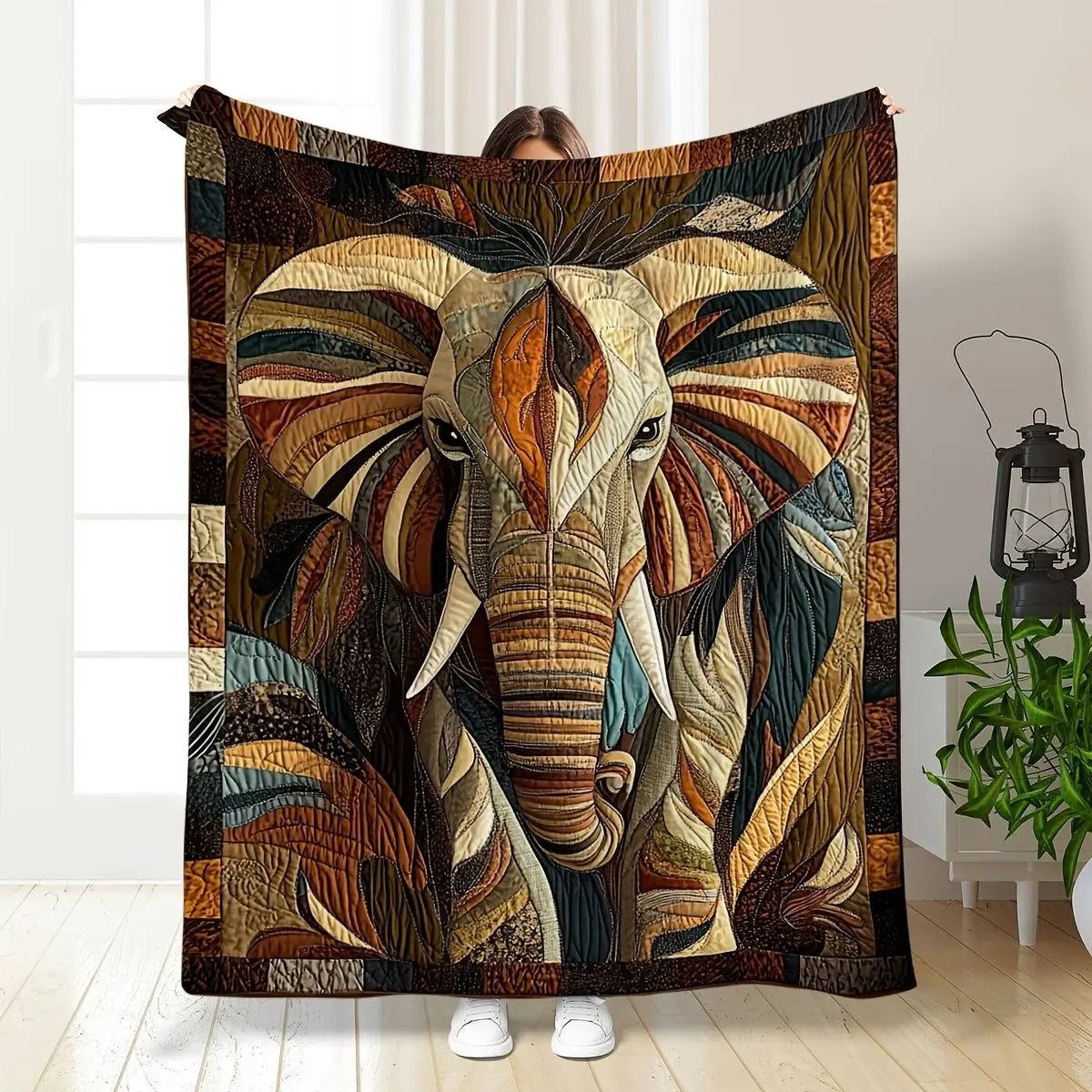 Large Elephant Design Flannel Blanket - Soft Warm All-Seasons Throw, Machine Washable, Textured Earthy Tones Retro Style - Blanket Gifts for Sofa, Office Home Decor
