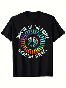 Imagine All People Living in Peace Hippie Flair Graphic T-Shirt| 180gsm Black Uni Tee with Rainbow Peace Symbol & Retro 60s 70s, Regular Fit, Crew Neck, Slight Stretch Fabric, Perfect for Adults, Geometric-Pattern