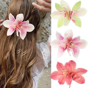 AWAYTR Orchid Flower Large Hair Clip Barrettes Boho Hawaiian Accessories for Women Girls Tropical Floral Bridal Beach Wedding Hairpin Hair Accessories 3Pcs/Set