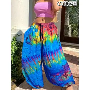 【Plus Size】 Tie Dye Print Pocket Drawstring Waist Pants, Boho Casual Elastic Waist Trousers for Daily Wear, Women's Bottoms for All Seasons, Boho Festival Trousers
