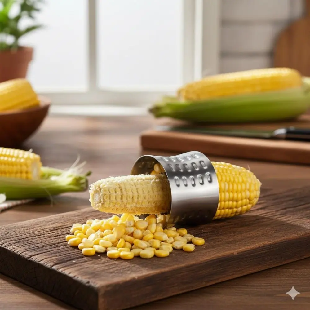 Stainless Steel Rotating Corn Sheller Set - Splash-Proof Efficient Kernel Remover with Non-Slip Handle for Kitchen and Camping