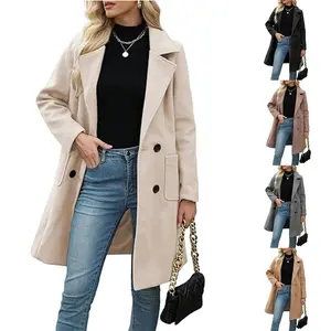 Kingapril Women Winter Wool Blend Camel Mid-Long Coat Notch Double-Breasted Lapel Jacket Outwear Womenswear Button