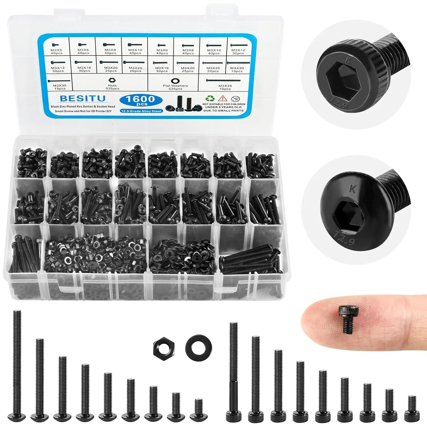 1600Pcs M3 Screw Kit, 12.9 Grade Alloy Steel Hex Socket Button & Cap Head Metric Screw Assortment M3 Bolts and Nuts Washers Kit Black Small Machine Screw Set for 3D Printing