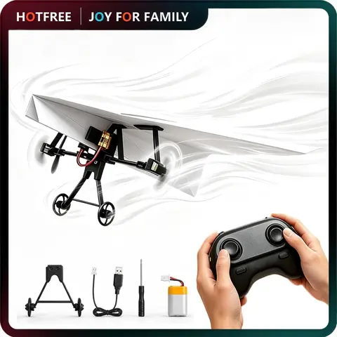 Hotfree RC Paper Airplane Kit, Remote Control Plane with Gyro Stabilizer, Dual Propellers for Less Wobble Flying, DIY Foldable STEM Toy, Easy‑to‑Assemble Birthday & Christmas Gift for Teen Boys, Kids & Adults