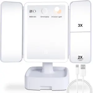 Makeup Vanity Mirror with Light, Triple Magnification (1X/2X/3X) with Storage, Touch Control and 3-Color dimming Lighting, Portable Travel Trifold Mirror, for her