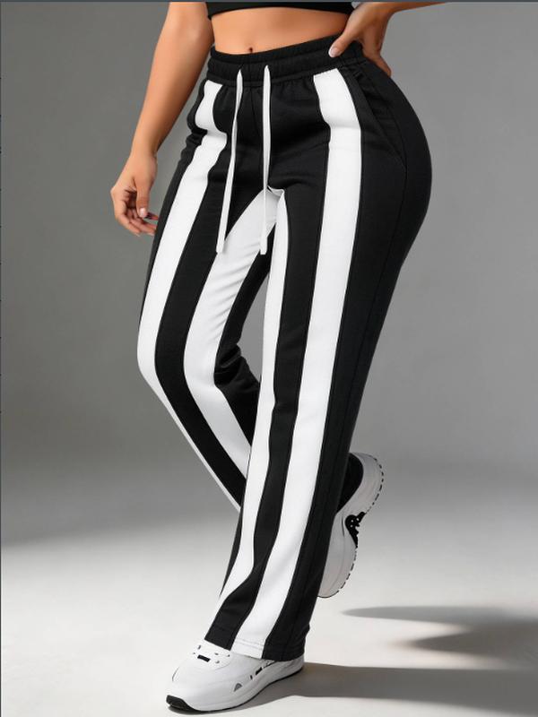Female Y2K Aesthetic Full-Length Joggers - Black White Vertical Striped, Adjustable Elastic Drawstring, Relaxed Baggy Legs, Universal Streetwear Clothing, Activewear Women's Sports Joggers, Lounge Bottoms