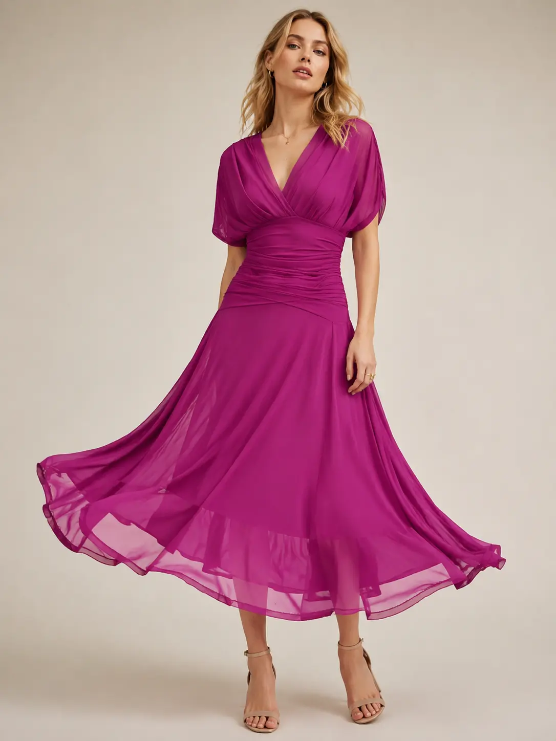 Women's 2026 Spring Deep V-Neck 2-Way Off-Shoulder Short-Sleeve High-Waist Flowy A-Line Maxi Dress, Elegant Formal Gown for Wedding Guest, Cocktail Party