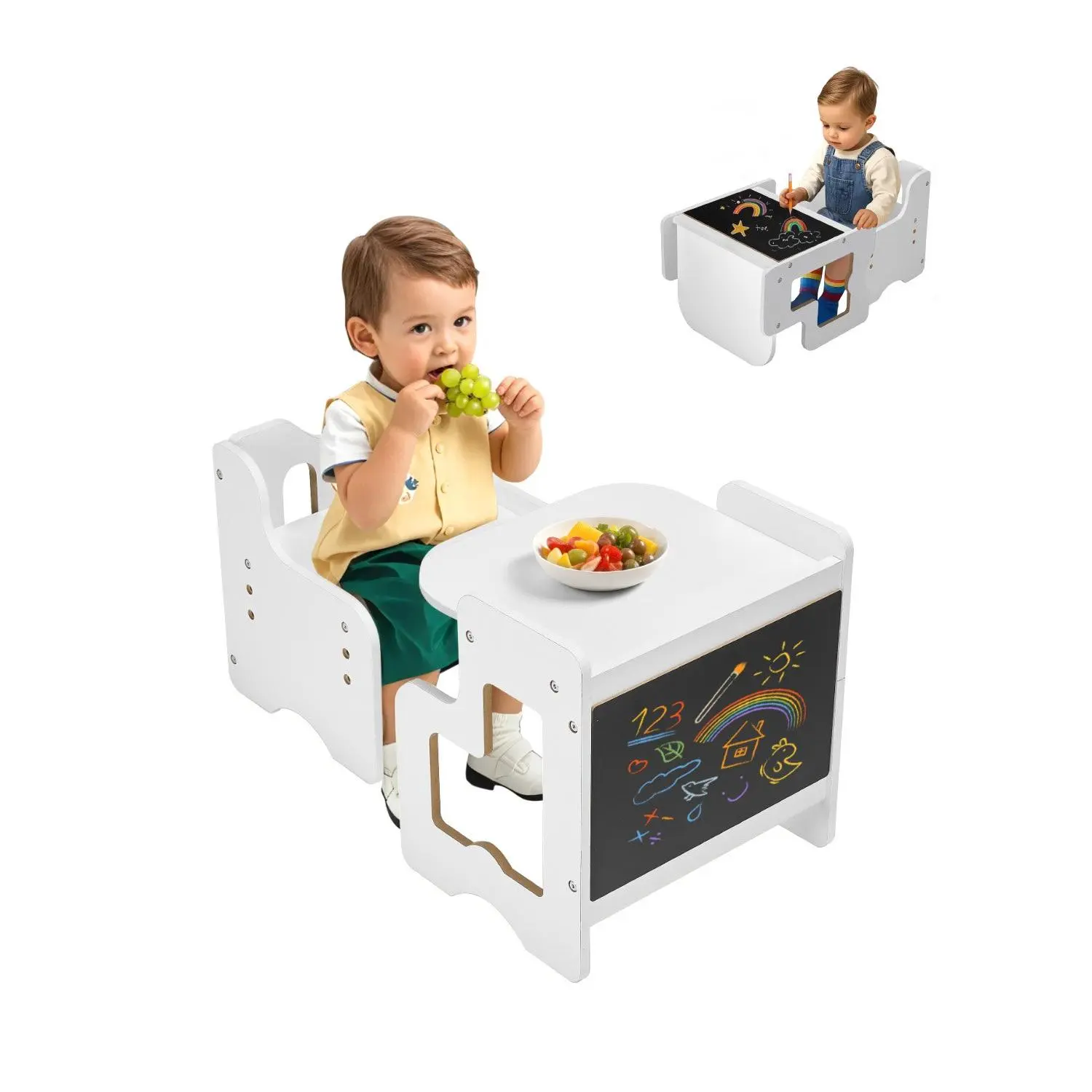 VEVOR Montessori Weaning Table and Chair Set, 3 In 1 Wooden Toddler Table and Chairs with Chalkboard, Adjustable Height Montessori Table for Ages 1-5, Ideal for Drawing, Reading, Eating - White Study
