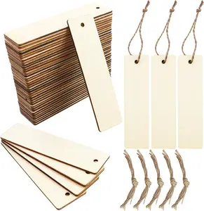 50 Pcs Blank Wooden Gift Tags Labels, Rectangle Wood Crafts DIY Blank Hanging Gift Tags Ornaments with Ropes, Blank Wood Bookmarks, 4.7x1.3 Inch.