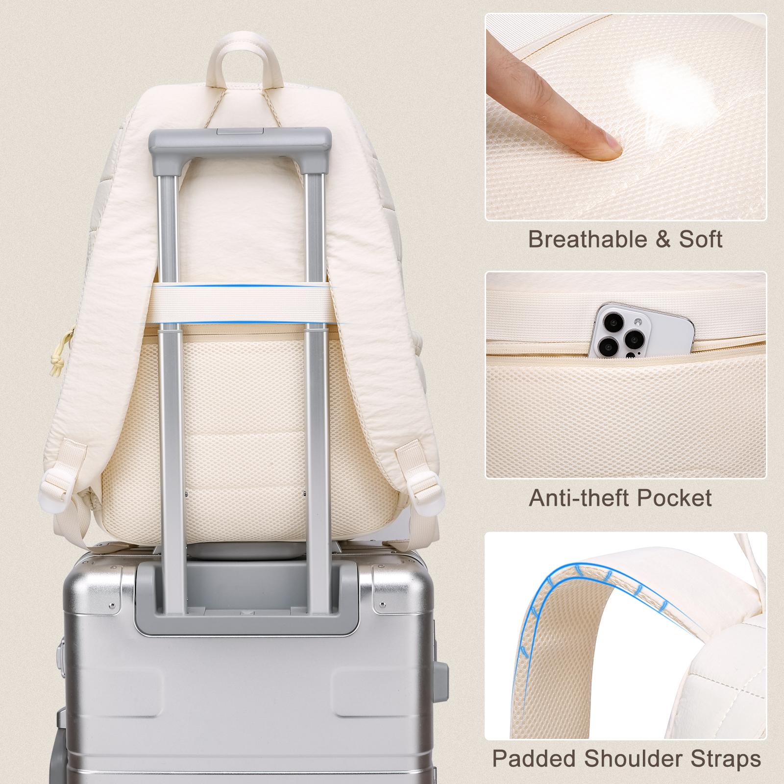 Cream White Grid Quilted Laptop Backpack for Women, 15.6 Inch Large Capacity Puffer Backpack with USB Charging Port, Water Resistant Cute School Backpack for Teens, College Students, Daily Commute, Travel & Office