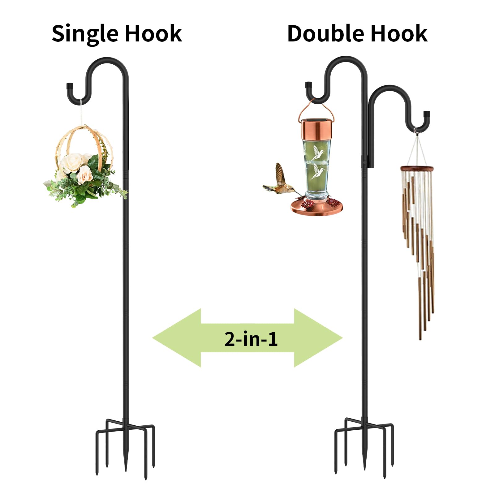 Double Shepherds Hooks for Outdoor,62 Inch/76 Inch/92 Inch, 2-Pack Heavy Duty Garden Pole for Hanging Bird Feeder, Plant Baskets, Solar Light Lanterns, Garden Plant Hanger Stands with 5 Base Prongs