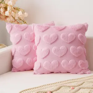 Set of 2 Valentines Day Pillow Covers 18x18 Inch  Cute Heart Pattern Plush Jacquard Romantic Love Decorative Throw Pillow Pillowcases for Lover Girls Wedding Sofa Living Room Bed, Pink
