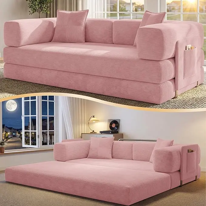 78.8in Traditional Double Corduroy Sofa Bed, No-Assembly Outdoor Modular Furniture with Storage Pocket, Pink Living Room Convertible Piece
