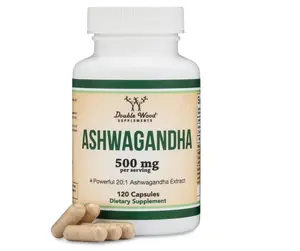 Ashwagandha Capsules, 120 Count (500mg Extract 20:1 Potency, Equivalent to 10,000mg Powder) Adaptogen Stress Relief by Double Wood