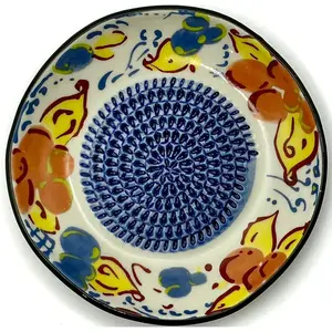 All-in-one Premium Ceramic Garlic Grater Plate 4-Piece Set - Artisan Flower Blue Center Design - For Garlic, Ginger, Chocolate and More - Comes with 5" Plate, Peeler, Brush and Stand