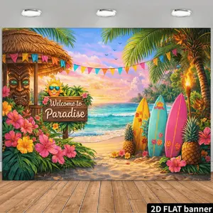 2D Flat Banner Polyester Photography Backdrop, HD Digitally Printed Soft Lightweight Foldable Machine Washable Background Cloth for Tropical Beach Paradise Summer Luau Hawaiian Party Birthday Photo Booth Studio Decor and Events