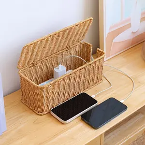Home Rattan Cable Management Box with Lid, Power Strip Storage Box, Outlet Wire Cover Case, Extension Cord Hider Organizer, Desktop Charger Cable Storage Bin