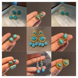 Fashionable Commuting-Optimized Turquoise Earrings, Elegant Gold-Plated Geometric Diamond-Studded Round Stud Earrings with Silver-Plated Pins for Women