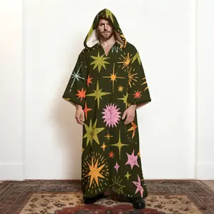 Men's Hooded Loose Fit Stars Doodle Print Flannel Caftan Robe - Long Sleeve Soft Brushed Cotton Kimono Style Lounge Robe with Pockets, Unique Graphic Pattern Loungewear for Home, Gift, Casual Wear