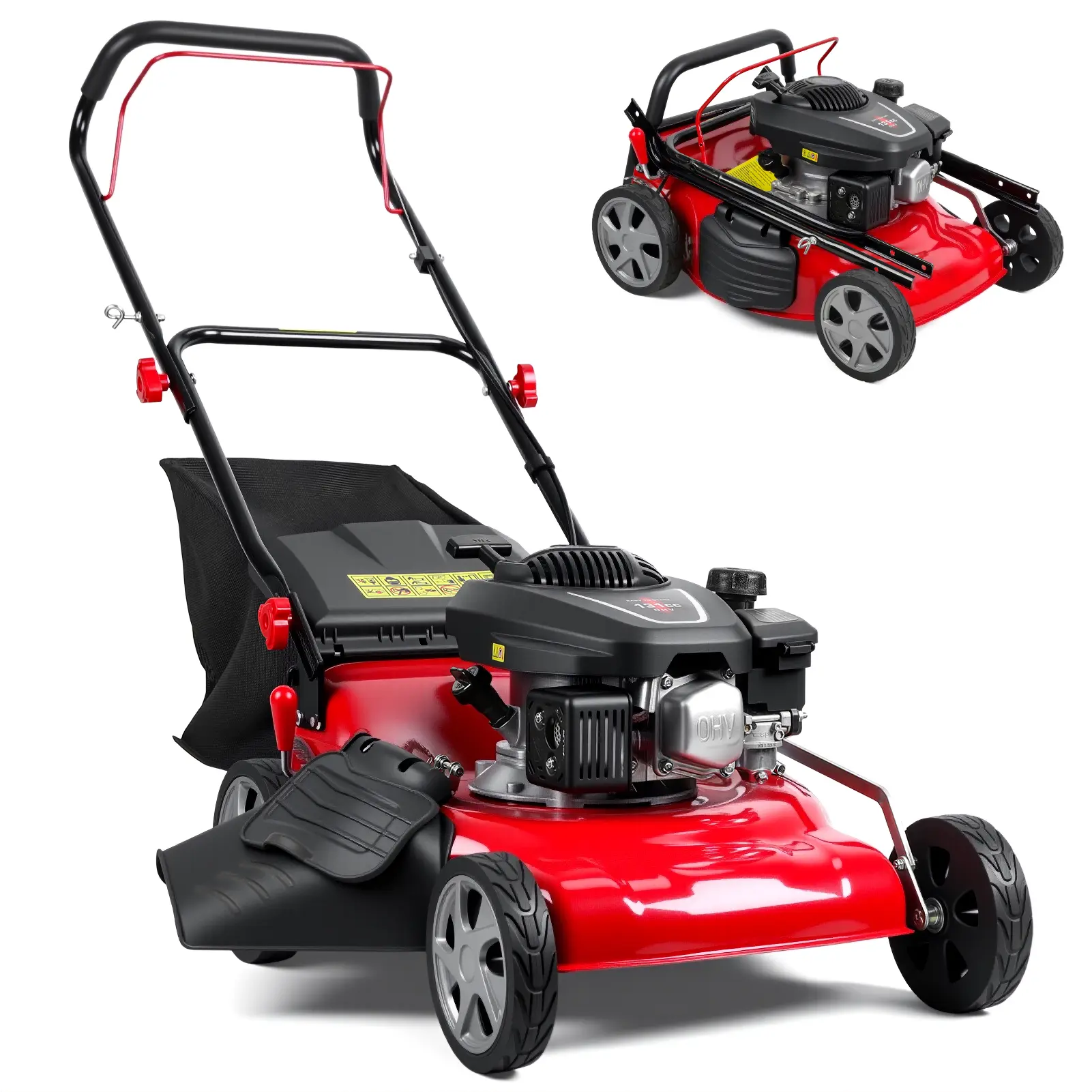 Self-Propelled Gas Powered Lawn Mower, 131cc Engine, 50L Grass Bag, 3-in-1 Mulching/Bagging/Side Discharge, 2850RPM Walk-Behind Mower for Hills