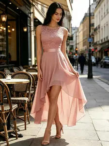 Elegant Midi Dress with Floral Pattern, Waist Cinch Design, Short Front Long Back, Perfect for Parties and Dates, Soft Chiffon Material