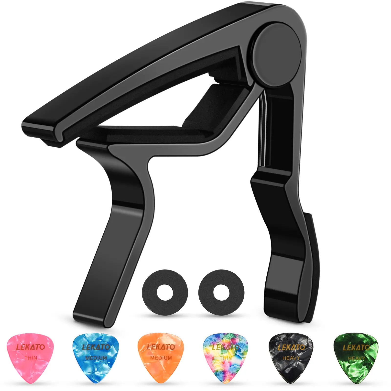 LEKATO Guitar Capo with Rosewood Finish, Rust-Resist Metal & Soft Pad Fret Guard for Acoustic, Electric Guitars & Ukuleles - Includes 6 Picks, 2 Strap Locks, Delivers Classic Tone with Capo, Ukulele
