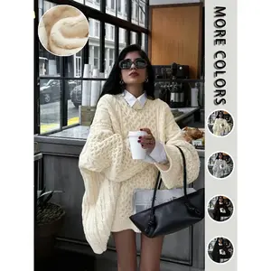 Women's Casual Loose-Fit Sweater Pullover, Solid Color Round Neck Knitted Sweatshirt, Batwing Sleeves, Fall & Winter Fashion, Knitwear