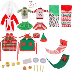 Christmas Elf Accessories Set, 37-Piece Doll Clothes & Props, Apron Sweater Sleep Bag Robe Mini Utensils Glasses, Kids Gift, Dolls Clothes Accessories