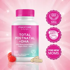 Pink Stork Total Postnatal Vitamins for Women | Clean Label Puirty Award | Breastfeeding Essentials | Methylated Folate, DHA, Iron | Month Supply Multivitamin