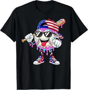 Baseball Drip Ice Cream Boys Baseball Drip 4th of July T-Shirt  Cotton Shirt