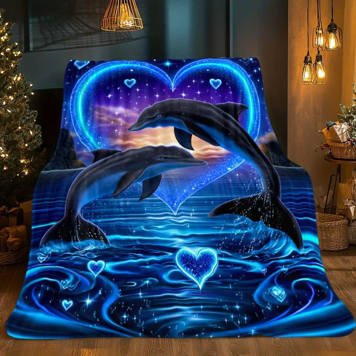 Heart-shaped Dolphins HD Printed Blanket, Soft and Warm Flannel Blanket for Travel, Camping, Sofa, Living Room, Couch, Chair, Bed, Gift for Family or Friends 280GSM 3 Sizes Available (30x40in/50x60in/60x80in)
