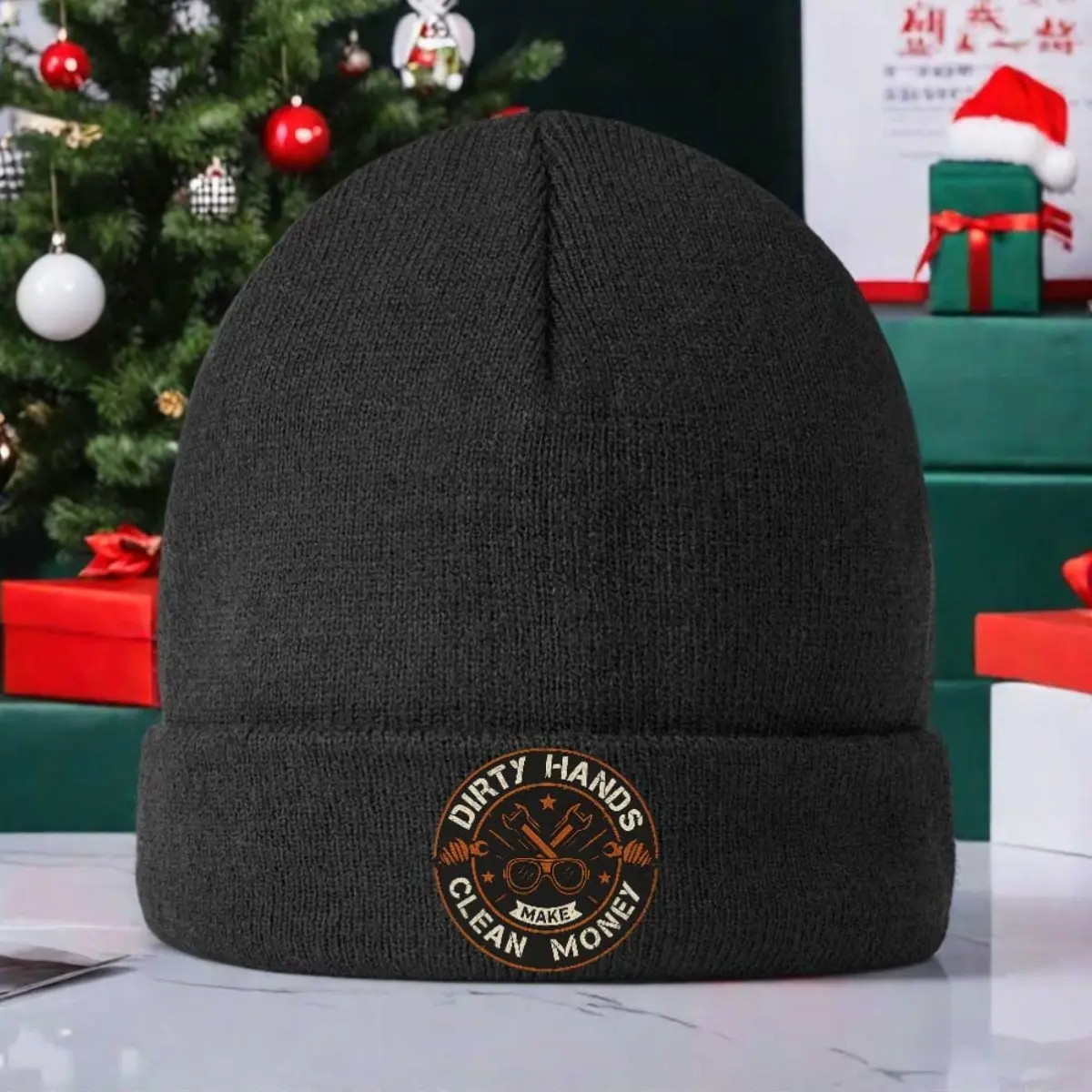 S&T 1 Unisex Stretch Acrylic Knitted Beanie - 1 Size, Heat Insulating Warmth, Dirty Hands & Clean Money Design, Skull Crossbones-Dollar Sign Decoration, Winter Sports & Commute Hat, Graphic, One Size