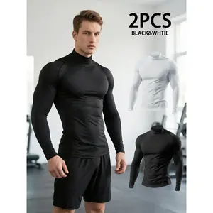 Men’s 2-Pack High Neck Pullover T-Shirts, Long Sleeve, Soft and Comfortable, High Stretch, Breathable, Ideal for Casual, Sports, and Everyday Wear, Perfect Layering Piece, Gym Performance Top