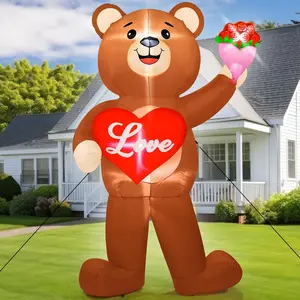 8 FT Valentines Day Inflatables Outdoor, Blow Up Bear Holding Love Heart and and Flowers, Romantic LED Lighted Valentine's Day Inflatables Decorations for Anniversary Wedding Proposal Party Lawn